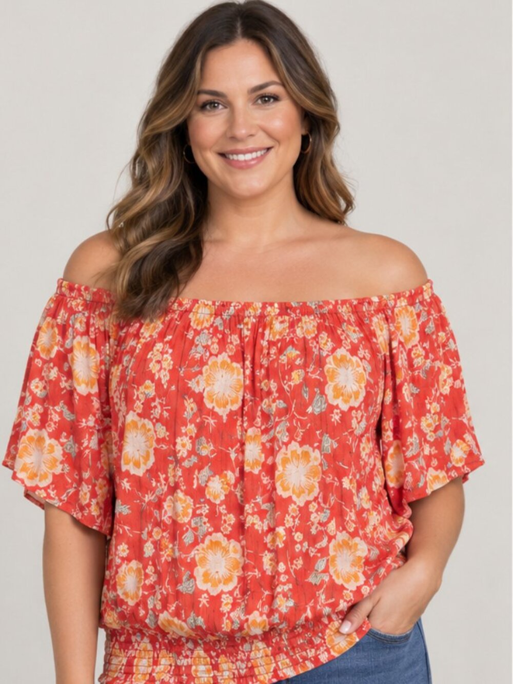 Cynthia Rowley Women's Large Floral Off Shoulder Top, Coral